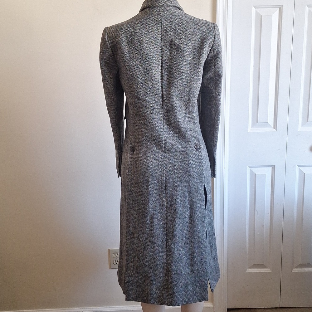 Vintage Harris Tweed Longline Trench Coat Gray Herringbone Handwoven Wool Size M - Picture 4 of 13